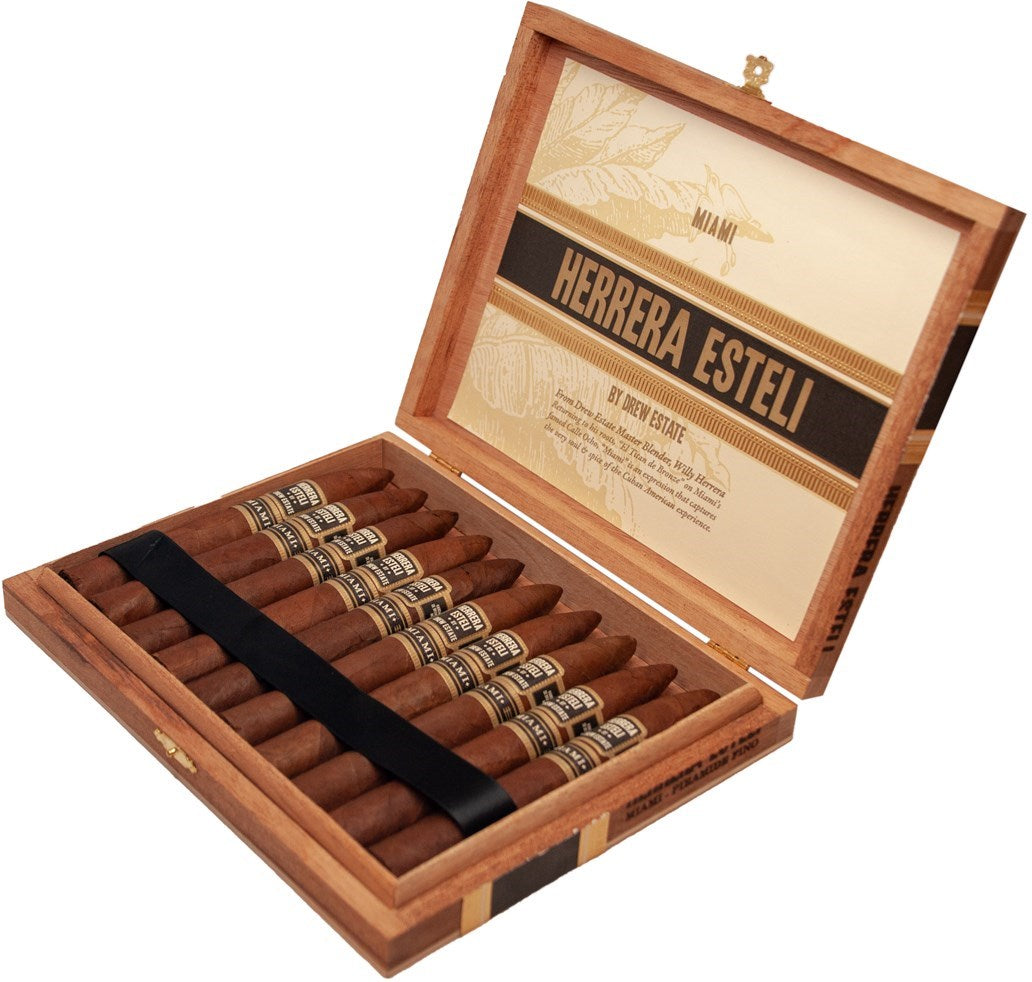 Drew Estate Herrera Esteli Miami Piramide Fino - Shop Cigars Now  -  - Ecuador Habano Oscuro Wrapper, Medium-Full, Nicaragua, Torpedo